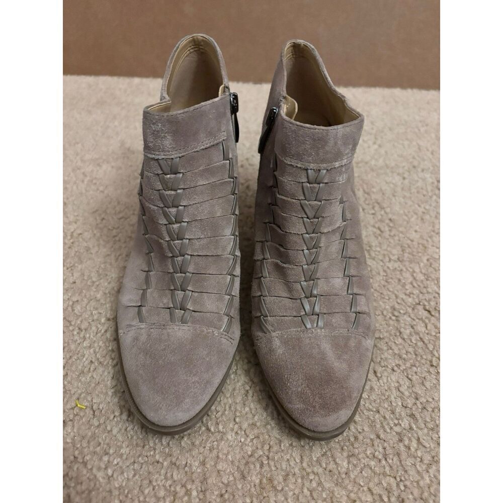 Franco Sarto Women's Destiny Boot Size 8.5 Block Heel Braided Taupe Gray Suede